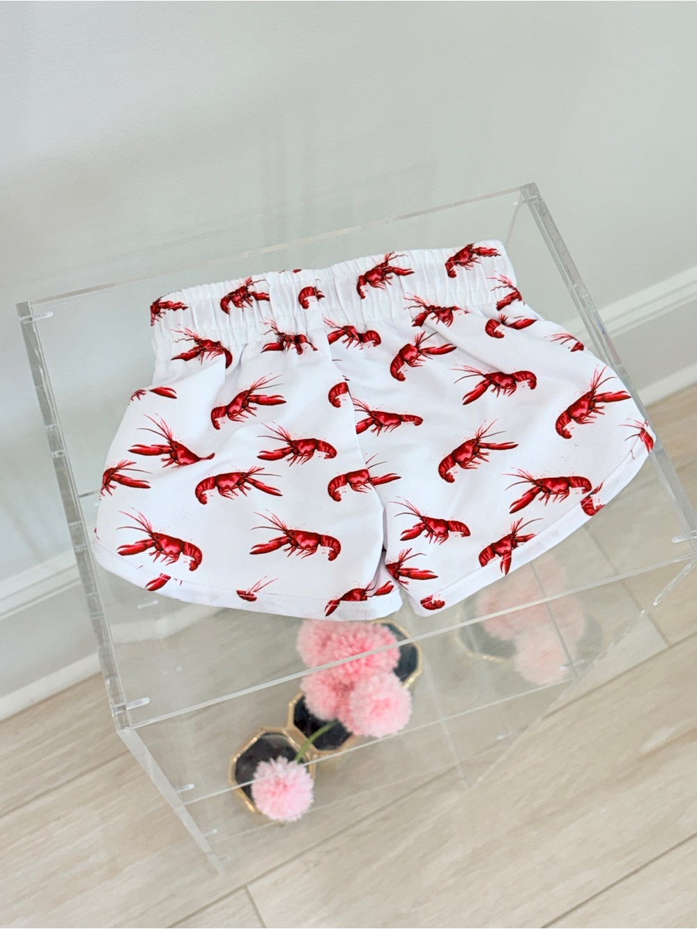 White Lobster Print Women’s Shorts with Red Drawstring